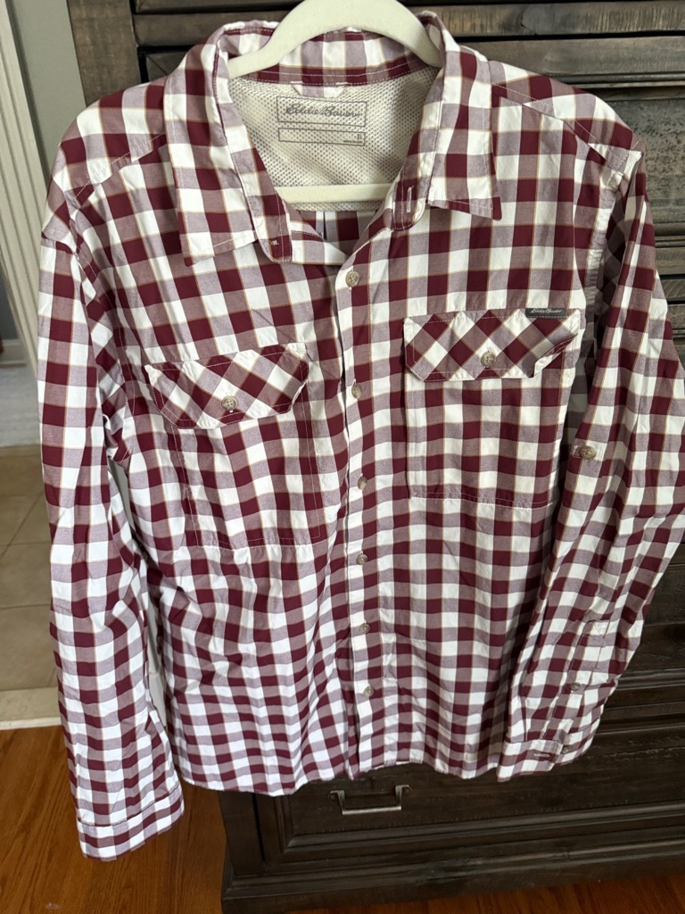 Eddie Bauer Burgundy and White Check Button-Down Shirt